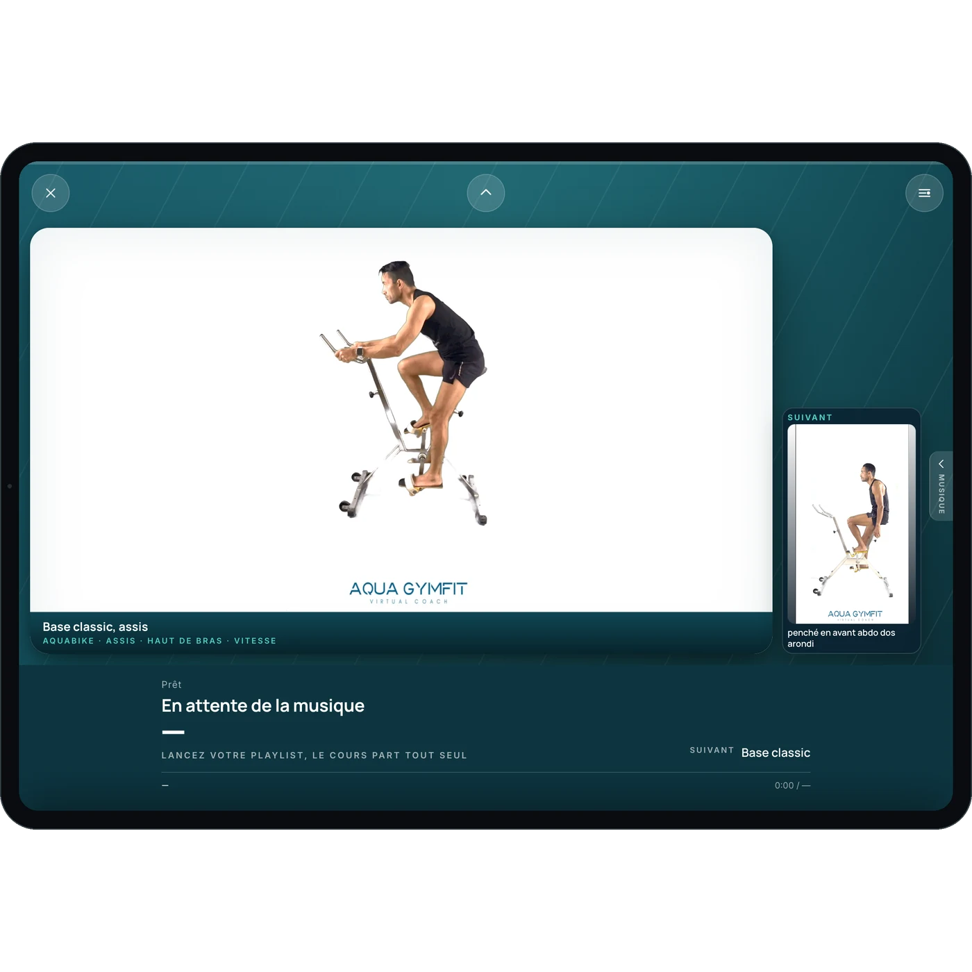 AquaGymFit sur tablette — l'écran du cours en direct, en attente de la musique